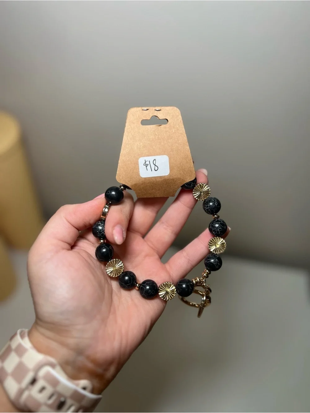 Black Beaded Keyring Bracelet with Gold Accents